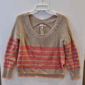 Victoria's Secret Scoop Neck Beige Long Sleeve Sweater Pink Stripes Hi Lo Hem
